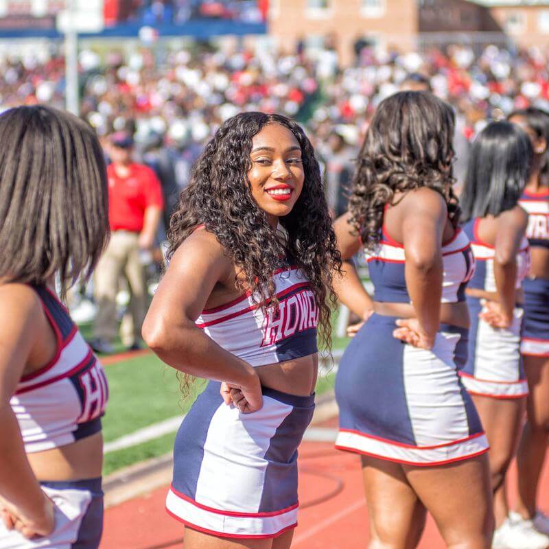 Cheerleaders at the Homecoming 2019 football game.