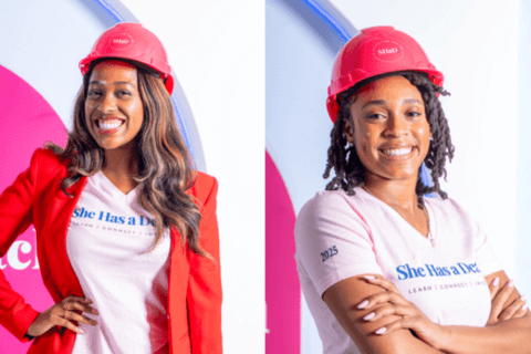 Howard business student winners wearing matching construction hats and tshirts